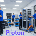 Équipe de techniciens professionnels organisant le déménagement de racks de serveurs dans un centre de données moderne.