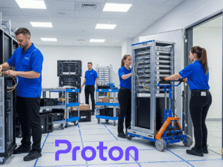 Équipe de techniciens professionnels organisant le déménagement de racks de serveurs dans un centre de données moderne.