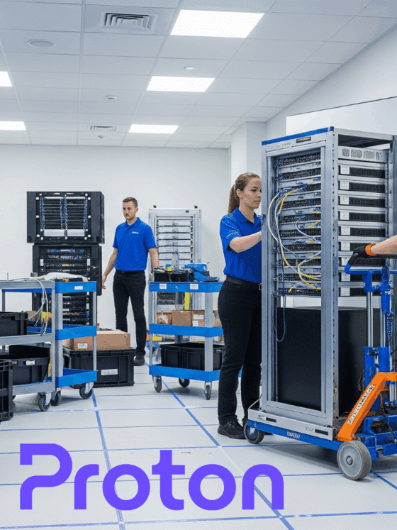Équipe de techniciens professionnels organisant le déménagement de racks de serveurs dans un centre de données moderne.