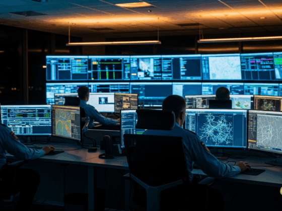 Une équipe de policiers vus de dos dans une salle de contrôle high-tech, analysant des données sur de multiples écrans lumineux dans une ambiance sombre et concentrée.