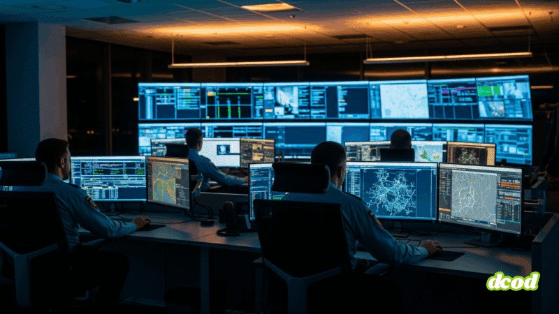 Une équipe de policiers vus de dos dans une salle de contrôle high-tech, analysant des données sur de multiples écrans lumineux dans une ambiance sombre et concentrée.