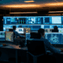 Une équipe de policiers vus de dos dans une salle de contrôle high-tech, analysant des données sur de multiples écrans lumineux dans une ambiance sombre et concentrée.