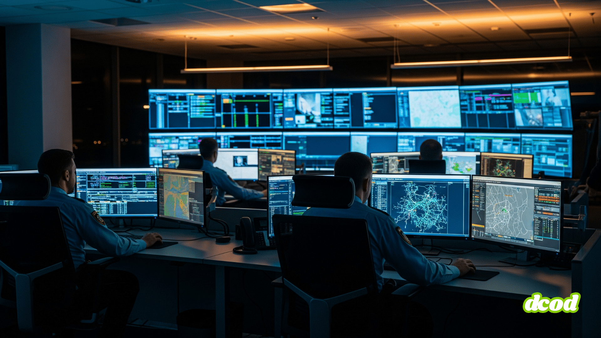 Une équipe de policiers vus de dos dans une salle de contrôle high-tech, analysant des données sur de multiples écrans lumineux dans une ambiance sombre et concentrée.