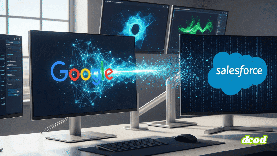 Illustration de l’intégration des données entre Google et Salesforce, représentée par des écrans d’ordinateur affichant les logos des deux plateformes reliés par un flux numérique, symbolisant la fuite de données de Google via Salesforce.