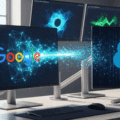 Illustration de l’intégration des données entre Google et Salesforce, représentée par des écrans d’ordinateur affichant les logos des deux plateformes reliés par un flux numérique, symbolisant la fuite de données de Google via Salesforce.