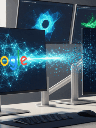 Illustration de l’intégration des données entre Google et Salesforce, représentée par des écrans d’ordinateur affichant les logos des deux plateformes reliés par un flux numérique, symbolisant la fuite de données de Google via Salesforce.