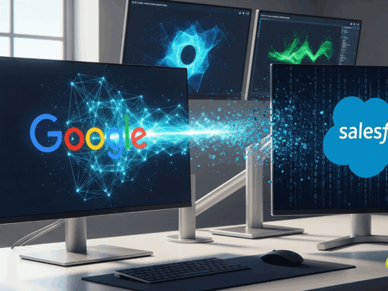 Illustration de l’intégration des données entre Google et Salesforce, représentée par des écrans d’ordinateur affichant les logos des deux plateformes reliés par un flux numérique, symbolisant la fuite de données de Google via Salesforce.