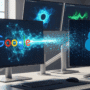 Illustration de l’intégration des données entre Google et Salesforce, représentée par des écrans d’ordinateur affichant les logos des deux plateformes reliés par un flux numérique, symbolisant la fuite de données de Google via Salesforce.