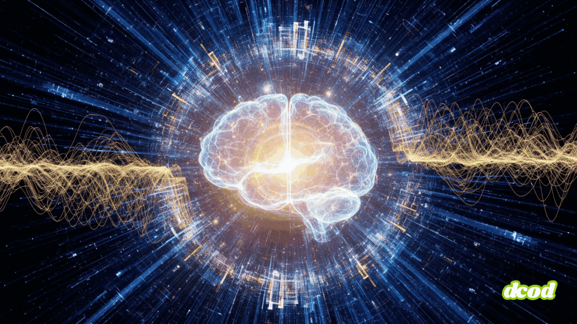 Illustration conceptuelle de l'intelligence artificielle. Un cerveau stylisé, composé de lumière et de connexions numériques, brille d'une lueur dorée au centre de l'image. Il est entouré de flux de données bleus et d'ondes graphiques jaunes qui symbolisent l'activité neuronale et le traitement de l'information sur un fond technologique sombre