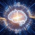 Illustration conceptuelle de l'intelligence artificielle. Un cerveau stylisé, composé de lumière et de connexions numériques, brille d'une lueur dorée au centre de l'image. Il est entouré de flux de données bleus et d'ondes graphiques jaunes qui symbolisent l'activité neuronale et le traitement de l'information sur un fond technologique sombre