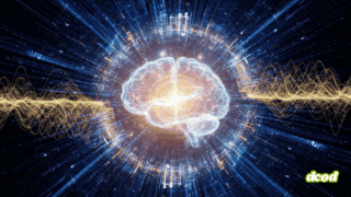 Illustration conceptuelle de l'intelligence artificielle. Un cerveau stylisé, composé de lumière et de connexions numériques, brille d'une lueur dorée au centre de l'image. Il est entouré de flux de données bleus et d'ondes graphiques jaunes qui symbolisent l'activité neuronale et le traitement de l'information sur un fond technologique sombre