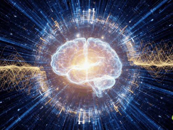 Illustration conceptuelle de l'intelligence artificielle. Un cerveau stylisé, composé de lumière et de connexions numériques, brille d'une lueur dorée au centre de l'image. Il est entouré de flux de données bleus et d'ondes graphiques jaunes qui symbolisent l'activité neuronale et le traitement de l'information sur un fond technologique sombre