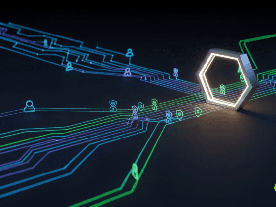 Illustration 3D moderne du concept d'architecture zero-trust du NIST, montrant des flux de données numériques bleus et verts qui convergent vers une passerelle de sécurité centrale en forme d'hexagone. Des icônes de boucliers le long des flux symbolisent la vérification continue et la micro-segmentation sur un fond sombre et technologique.