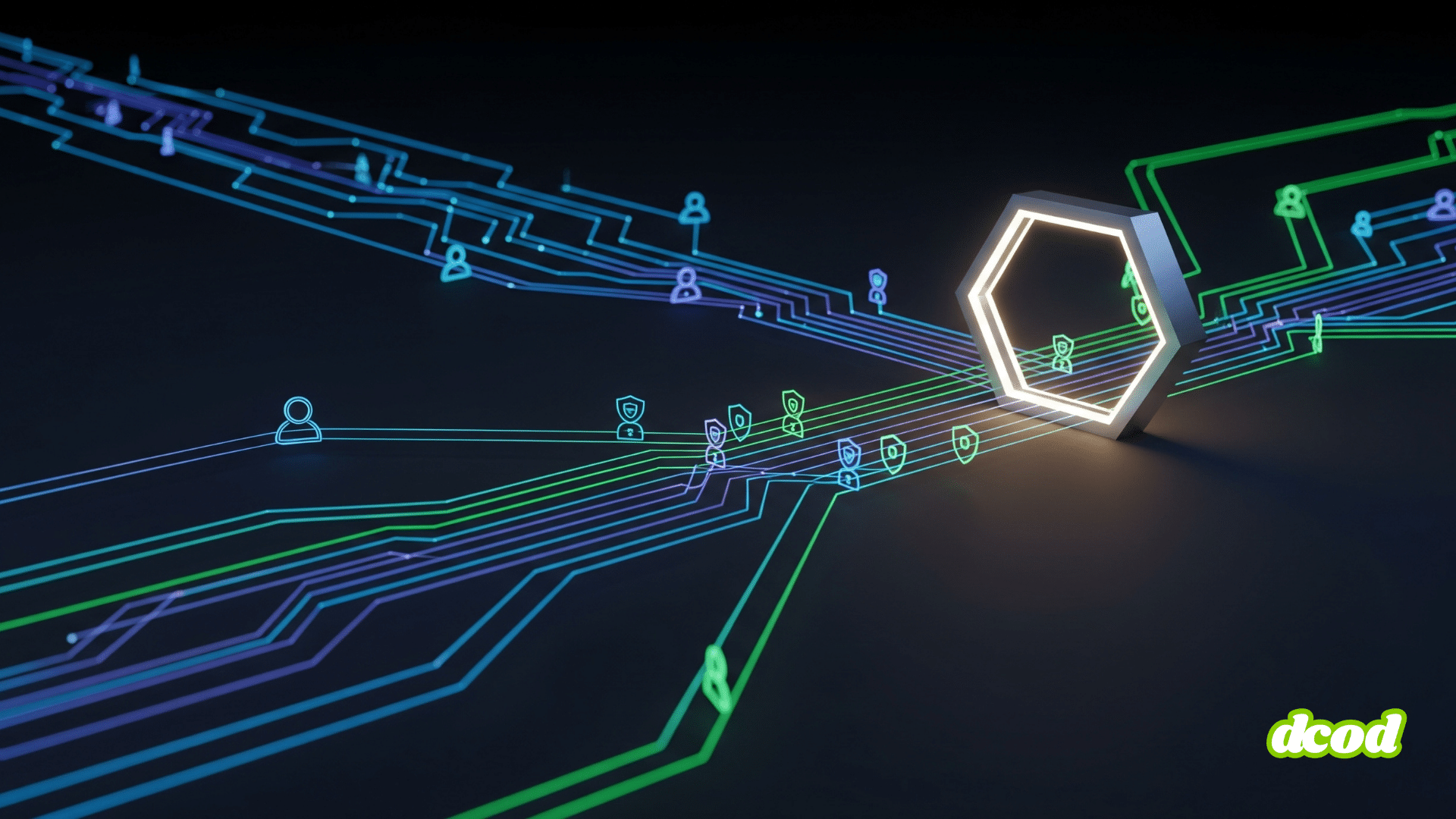 Illustration 3D moderne du concept d'architecture zero-trust du NIST, montrant des flux de données numériques bleus et verts qui convergent vers une passerelle de sécurité centrale en forme d'hexagone. Des icônes de boucliers le long des flux symbolisent la vérification continue et la micro-segmentation sur un fond sombre et technologique.