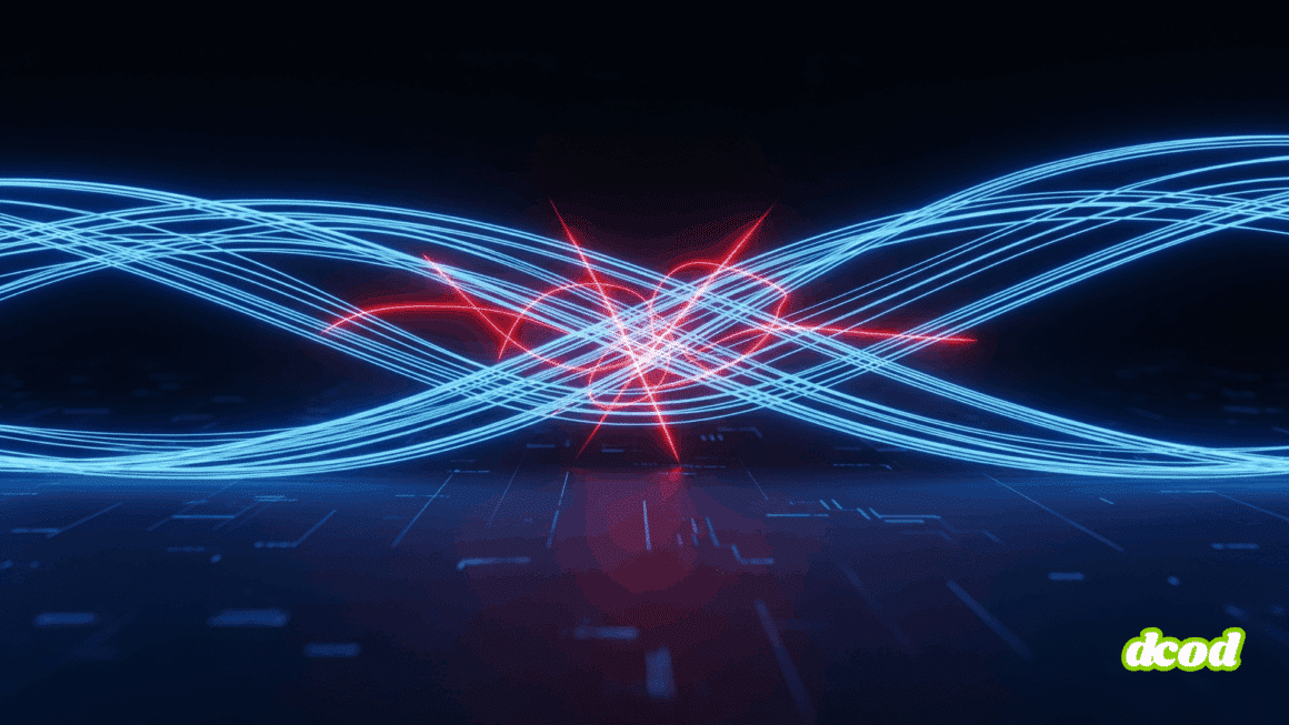 Rendu 3D abstrait de l'attaque "Man-in-the-Prompt". Des flux de lumière bleus, symbolisant des données utilisateur, traversent un espace numérique sombre et stylisé. Ces flux sont interceptés en leur centre par des traînées de lumière rouges, fines et agressives, représentant la corruption des données par un logiciel malveillant. L'éclairage dramatique met en évidence le point d'impact, créant une tension visuelle qui évoque les thèmes de la cybersécurité, de la vulnérabilité des IA et de la fuite d'informations. L'image est au format paysage, en haute définition, et présente une esthétique professionnelle et moderne.