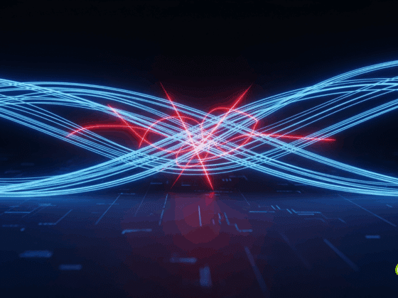 Rendu 3D abstrait de l'attaque "Man-in-the-Prompt". Des flux de lumière bleus, symbolisant des données utilisateur, traversent un espace numérique sombre et stylisé. Ces flux sont interceptés en leur centre par des traînées de lumière rouges, fines et agressives, représentant la corruption des données par un logiciel malveillant. L'éclairage dramatique met en évidence le point d'impact, créant une tension visuelle qui évoque les thèmes de la cybersécurité, de la vulnérabilité des IA et de la fuite d'informations. L'image est au format paysage, en haute définition, et présente une esthétique professionnelle et moderne.