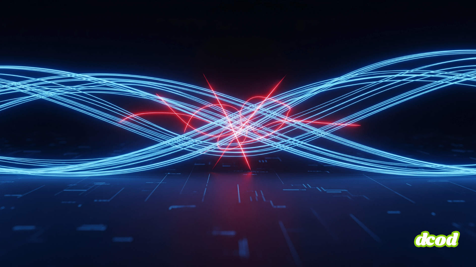 Rendu 3D abstrait de l'attaque "Man-in-the-Prompt". Des flux de lumière bleus, symbolisant des données utilisateur, traversent un espace numérique sombre et stylisé. Ces flux sont interceptés en leur centre par des traînées de lumière rouges, fines et agressives, représentant la corruption des données par un logiciel malveillant. L'éclairage dramatique met en évidence le point d'impact, créant une tension visuelle qui évoque les thèmes de la cybersécurité, de la vulnérabilité des IA et de la fuite d'informations. L'image est au format paysage, en haute définition, et présente une esthétique professionnelle et moderne.