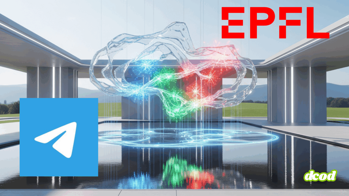 Représentation conceptuelle et moderne d'un flux de données numériques étant analysé et filtré par une technologie de détection pour contrer la propagande incluant les logos de Telegram et de l'EPFL