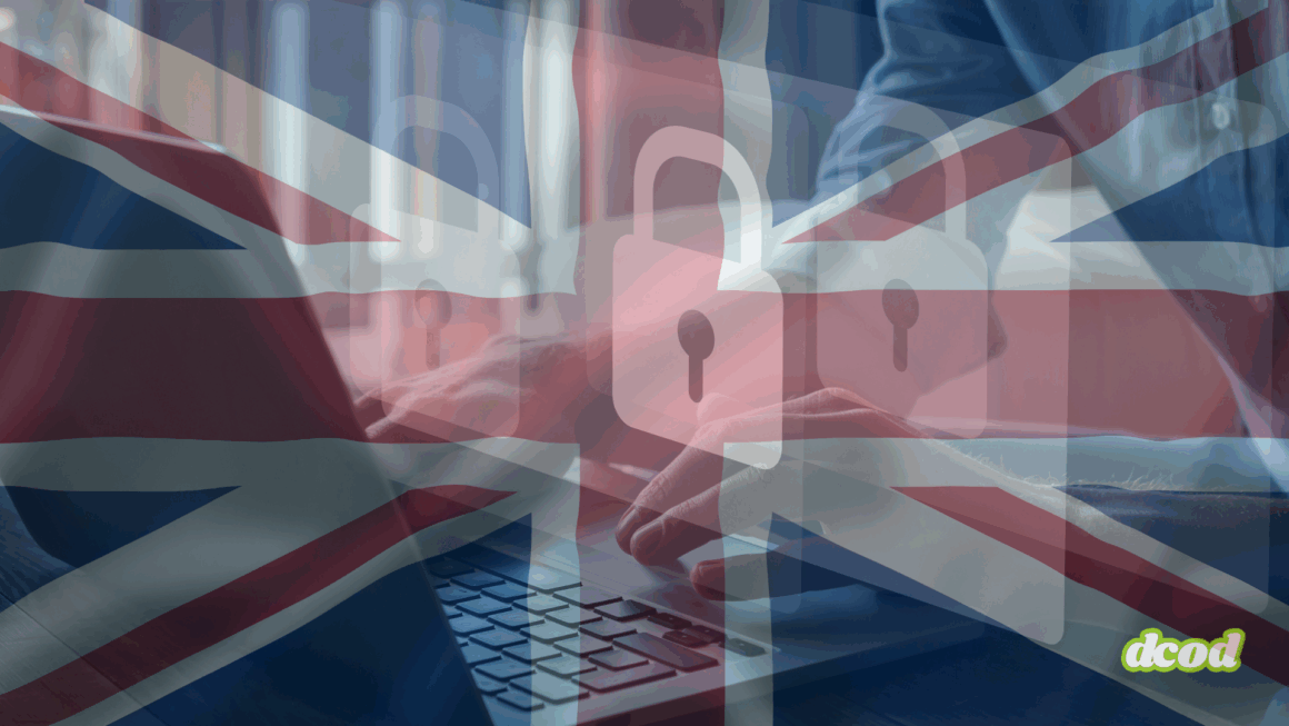 Superposition du drapeau britannique, d’icônes de cadenas et d’un utilisateur tapant sur un ordinateur portable, symbolisant les enjeux de cybersécurité et de protection des données au Royaume-Uni.