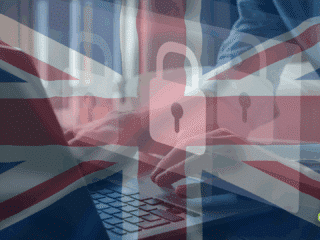 Superposition du drapeau britannique, d’icônes de cadenas et d’un utilisateur tapant sur un ordinateur portable, symbolisant les enjeux de cybersécurité et de protection des données au Royaume-Uni.