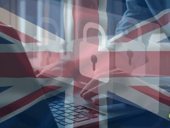 Superposition du drapeau britannique, d’icônes de cadenas et d’un utilisateur tapant sur un ordinateur portable, symbolisant les enjeux de cybersécurité et de protection des données au Royaume-Uni.