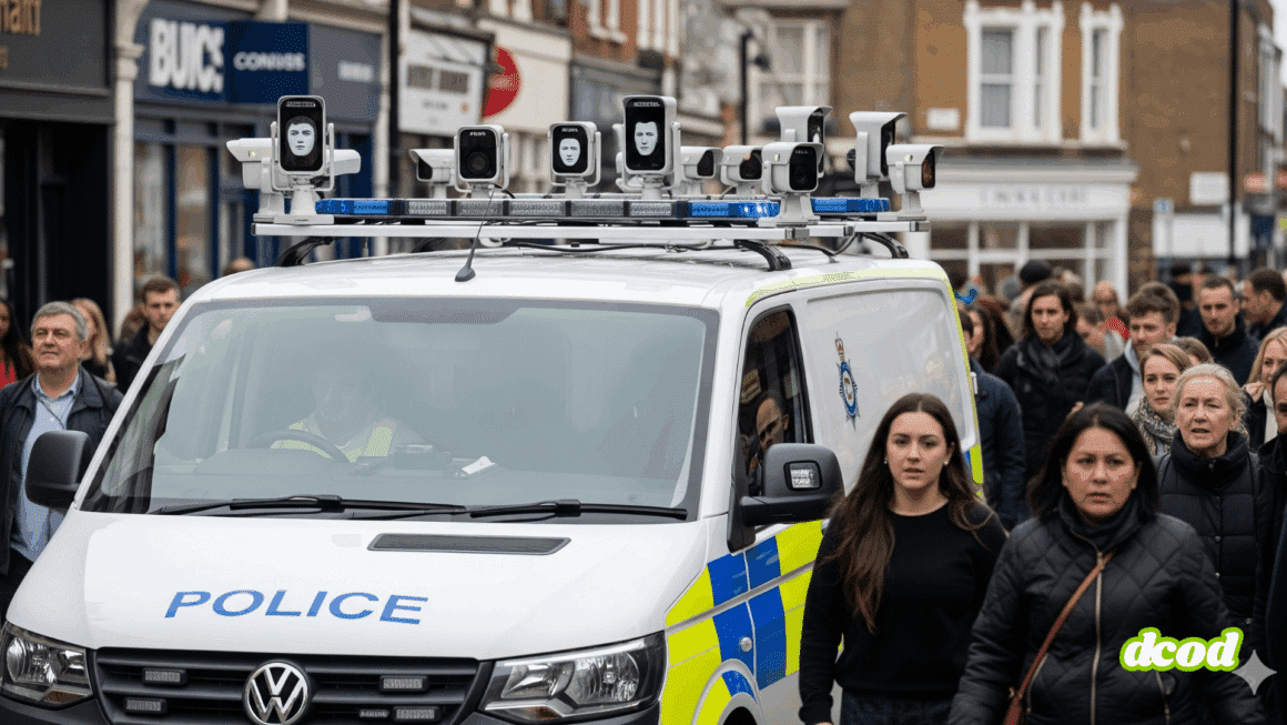Un van de la police britannique équipé de caméras de reconnaissance faciale surveillant une foule dans une rue.