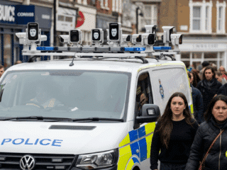 Un van de la police britannique équipé de caméras de reconnaissance faciale surveillant une foule dans une rue.