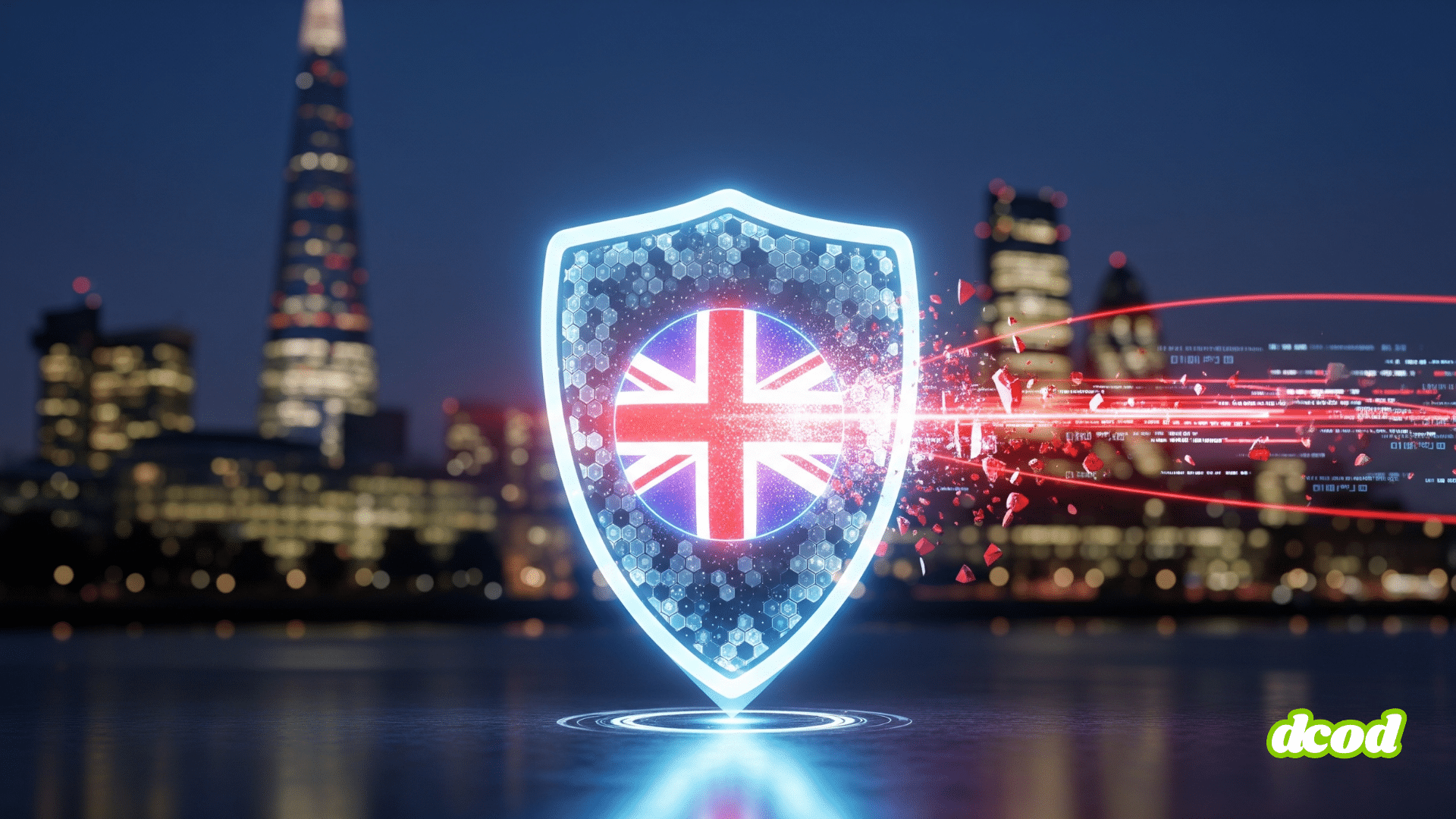 Représentation 3D stylisée d'une pièce de monnaie britannique fracturée, symbolisant l'impact économique des cyberattaques. L'image, aux couleurs sombres et modernes, illustre la décision du Royaume-Uni d'interdire le paiement de rançons pour renforcer la sécurité nationale et décourager les cybercriminels.