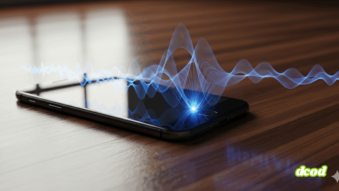 Un smartphone élégant sur une surface en bois, d'où émanent des ondes lumineuses et stylisées, symbolisant la transmission ou l'analyse des vibrations sonores.
