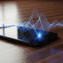 Un smartphone élégant sur une surface en bois, d'où émanent des ondes lumineuses et stylisées, symbolisant la transmission ou l'analyse des vibrations sonores.