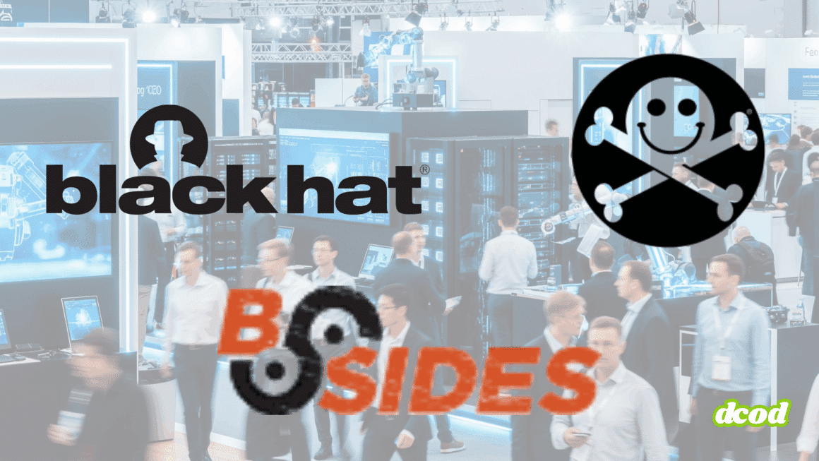 Montage présentant les logos des événements Black Hat, DEF CON et BSides sur une photo d’un salon technologique, avec des visiteurs circulant entre les stands et des écrans affichant des données et serveurs.