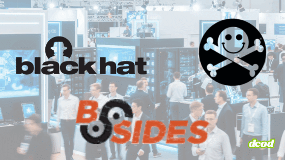 Montage présentant les logos des événements Black Hat, DEF CON et BSides sur une photo d’un salon technologique, avec des visiteurs circulant entre les stands et des écrans affichant des données et serveurs.