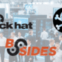 Montage présentant les logos des événements Black Hat, DEF CON et BSides sur une photo d’un salon technologique, avec des visiteurs circulant entre les stands et des écrans affichant des données et serveurs.