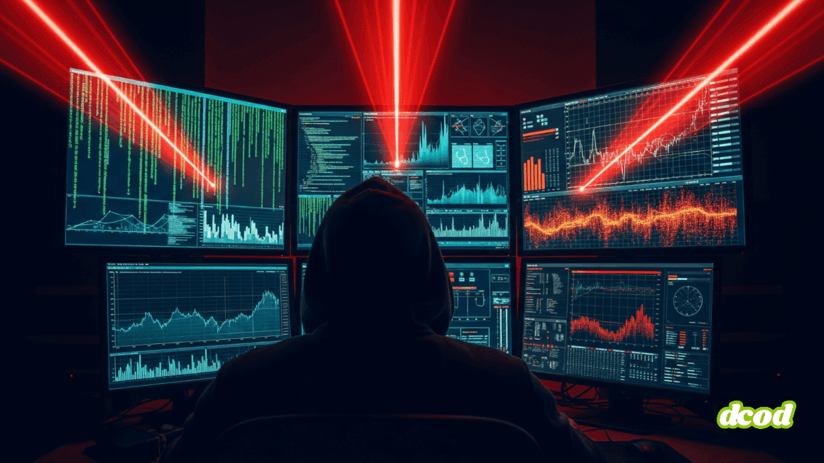 Silhouette d'un hacker dans une pièce sombre, lançant une attaque DDoS depuis plusieurs écrans affichant du code et des graphiques de trafic réseau.