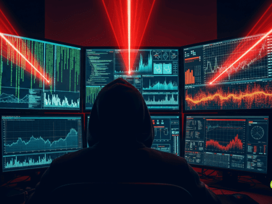 Silhouette d'un hacker dans une pièce sombre, lançant une attaque DDoS depuis plusieurs écrans affichant du code et des graphiques de trafic réseau.