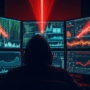 Silhouette d'un hacker dans une pièce sombre, lançant une attaque DDoS depuis plusieurs écrans affichant du code et des graphiques de trafic réseau.