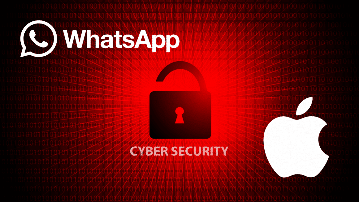 Illustration représentant une alerte en cybersécurité avec un cadenas rouge déverrouillé, les logos de WhatsApp et Apple, sur un fond binaire rouge symbolisant une faille de sécurité numérique.