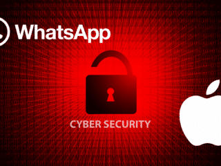 Illustration représentant une alerte en cybersécurité avec un cadenas rouge déverrouillé, les logos de WhatsApp et Apple, sur un fond binaire rouge symbolisant une faille de sécurité numérique.