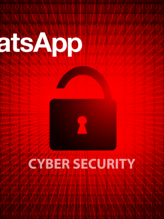 Illustration représentant une alerte en cybersécurité avec un cadenas rouge déverrouillé, les logos de WhatsApp et Apple, sur un fond binaire rouge symbolisant une faille de sécurité numérique.