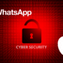 Illustration représentant une alerte en cybersécurité avec un cadenas rouge déverrouillé, les logos de WhatsApp et Apple, sur un fond binaire rouge symbolisant une faille de sécurité numérique.