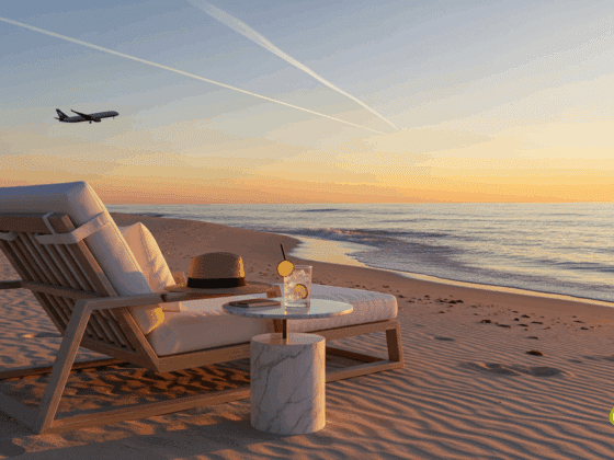 Une chaise longue luxueuse sur une plage de sable fin au coucher du soleil, face à une mer calme. La lumière chaude et dorée crée une ambiance sereine. Un avion de ligne vole dans le ciel en arrière-plan, évoquant le thème du voyage et des vacances.