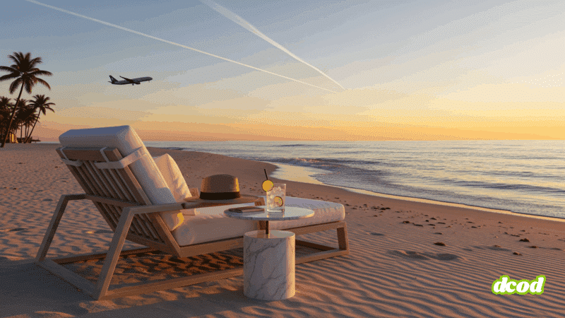 Une chaise longue luxueuse sur une plage de sable fin au coucher du soleil, face à une mer calme. La lumière chaude et dorée crée une ambiance sereine. Un avion de ligne vole dans le ciel en arrière-plan, évoquant le thème du voyage et des vacances.
