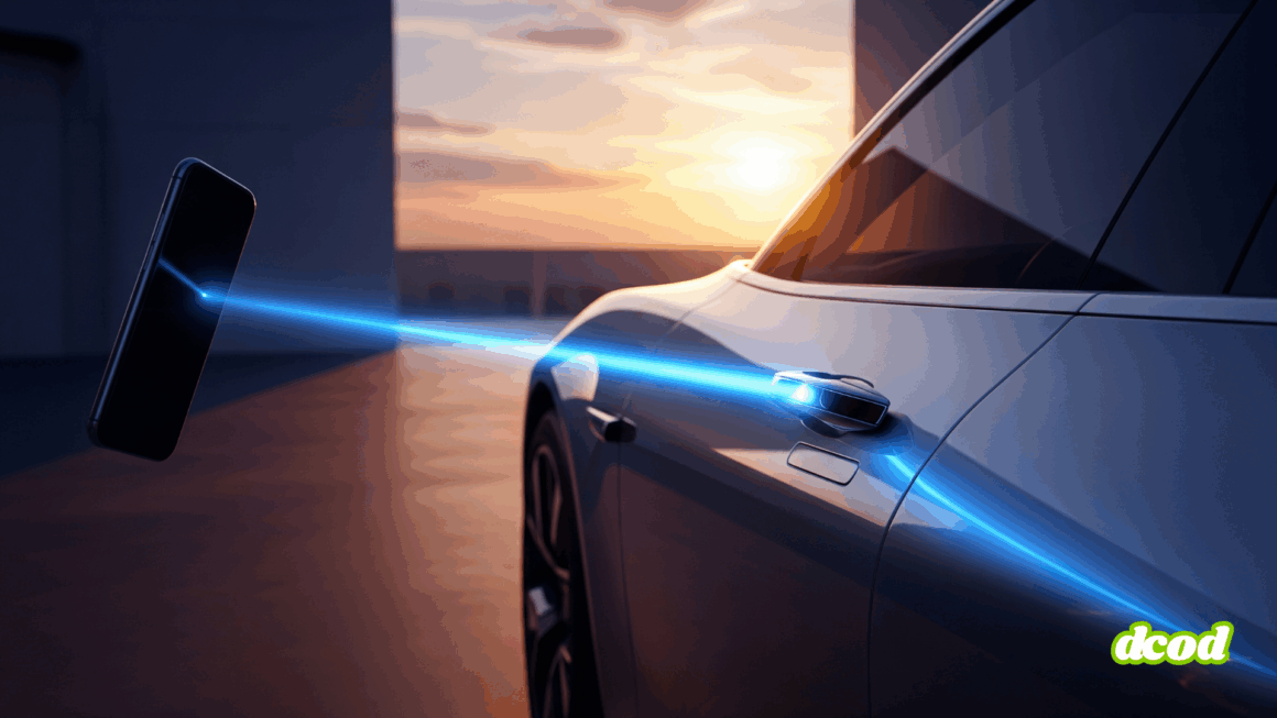 Gros plan sur une voiture moderne et élégante dont la portière est déverrouillée à distance par un smartphone. Un faisceau de lumière bleu vif relie le téléphone à la poignée de la portière, le tout sur fond de paysage urbain au coucher du soleil.