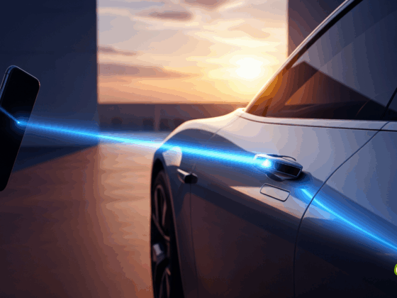 Gros plan sur une voiture moderne et élégante dont la portière est déverrouillée à distance par un smartphone. Un faisceau de lumière bleu vif relie le téléphone à la poignée de la portière, le tout sur fond de paysage urbain au coucher du soleil.