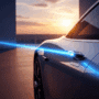 Gros plan sur une voiture moderne et élégante dont la portière est déverrouillée à distance par un smartphone. Un faisceau de lumière bleu vif relie le téléphone à la poignée de la portière, le tout sur fond de paysage urbain au coucher du soleil.