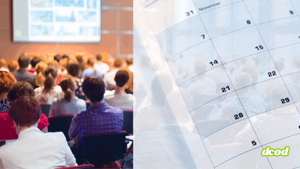 Image illustrant une conférence sur la moitié gauche et un agenda papier sur la droite