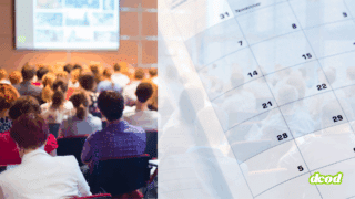 Image illustrant une conférence sur la moitié gauche et un agenda papier sur la droite