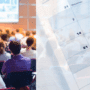 Image illustrant une conférence sur la moitié gauche et un agenda papier sur la droite