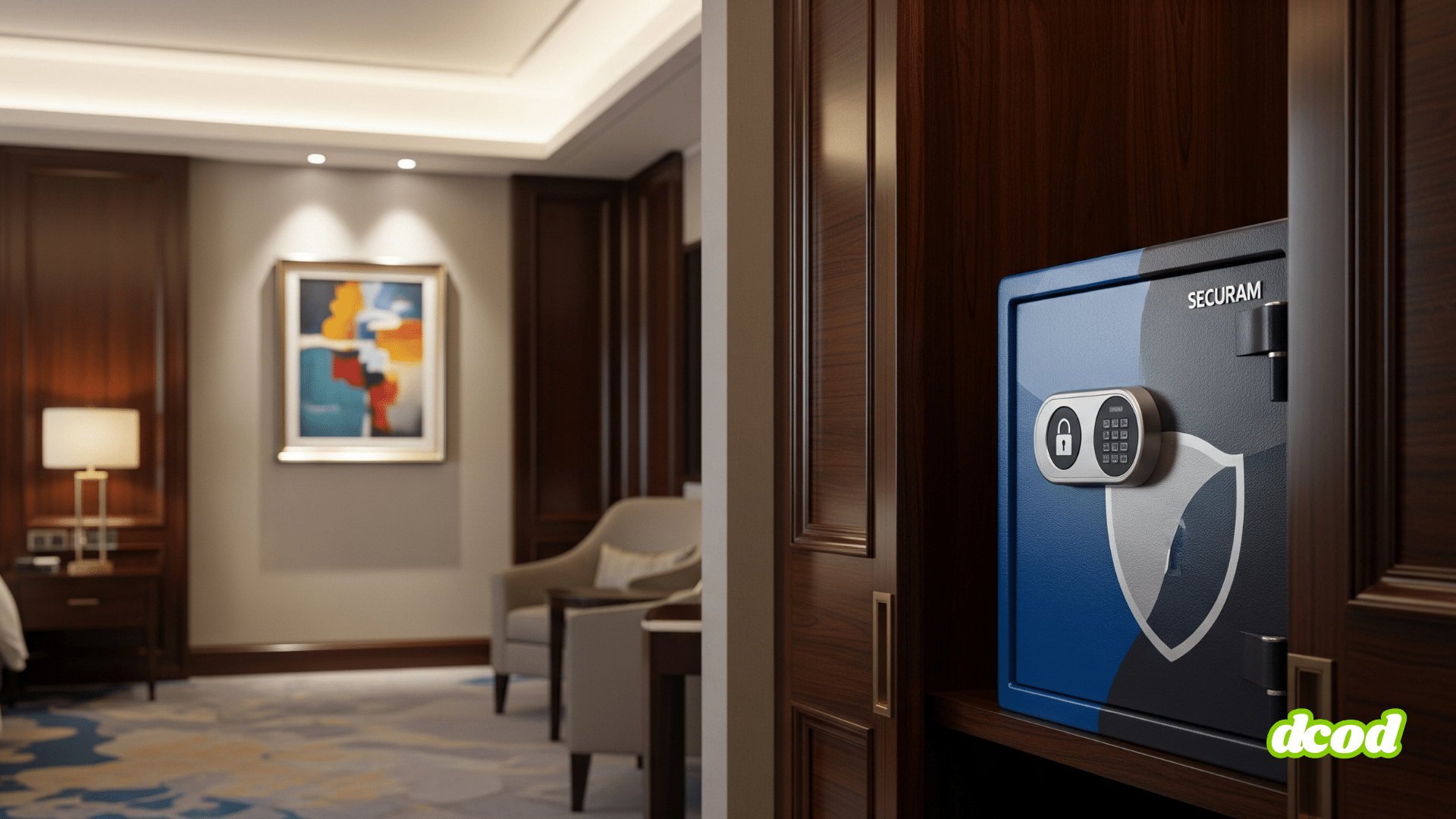 Un coffre-fort Securam de couleur sombre est intégré de manière élégante dans le placard en bois d'une chambre d'hôtel à l'ambiance feutrée et moderne. La lumière douce met en valeur le design du coffre-fort et l'atmosphère accueillante de la pièce, évoquant la sécurité et le confort