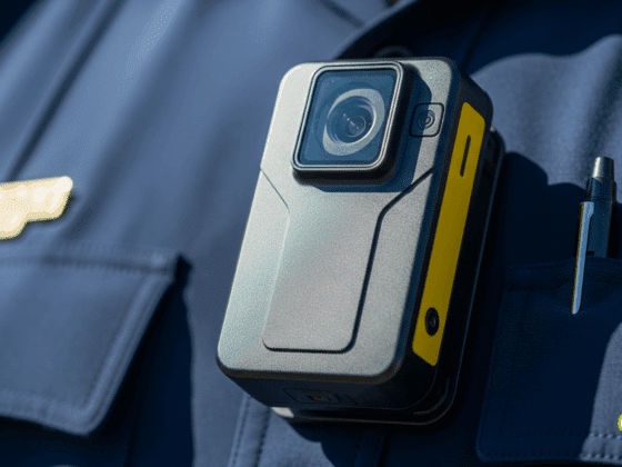 Gros plan hyper-réaliste d'une bodycam noire attachée à l'uniforme bleu d'un policier, mettant en évidence les détails de l'appareil.
